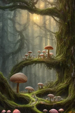 high-quality, fine-detail beautiful, breath-taking forest with gnarled trees, dragon sleeping, flowers, clear reflective lake, some mushrooms, tranquil, stunning, 8k resolution, intricate, digital art, detailed matte, volumetric lighting, George Grie, Anne Dittman, Anne Stokes, Lisa Parker, Selina French, Alphonse Mucha