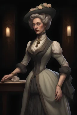 warm but stern aunty victorian era, posh british accent influenced, high born facial features dnd character on a solid black background, full body image, high quality realistic.