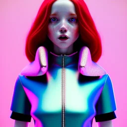 redhead woman teenager, few freckles, padded coat, retro futuristic, latex dress, gradient color, BLUE, PINK, CYAN, neon, insanely detailed, 16k resolution, perfect eyes, cinematic smooth, intricate detail