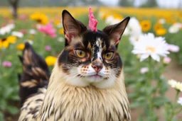 Here is the translation to English: "A beautiful chicken with a cat-like face in a flower and tree farm"