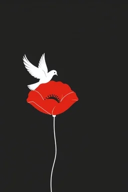 simple outline of a red poppy with a white dove flying over it