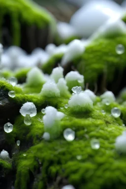 Snowwhite crystals covering moss