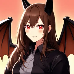 A closeup headshot portrait of a bat demihuman which is a human with bat characteristics. woman with long brown hair, red eyes, large brown bat ears and brown bat wings, intricately detailed, cell shaded anime style, zoo background