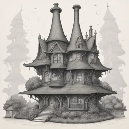 A detailed ink illustration of a front elevation of a fantasy house, with a tall chimney, rooms and floors added to the sides and roofs.