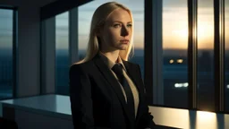 A young, blonde Caucasian woman in a sleek, modern office at twilight, wearing a tailored black suit, gazing out the window with a determined look.
