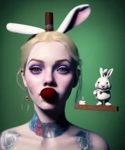 Ultra realistic portrait, wonderland party club, wide-angle lens, couple, cinematic, happy blonde woman smoking a pipe, accompanied by elegant anthropomorphic white rabbit, circus dress style, old school tattoo, laughter, smoke, marijuana and mushrooms background, glow eyes, perfect iris, soft color, highly detailed, unreal engine 5, ray tracing, RTX, lumen lighting, ultra detail, volumetric lighting, high definition.