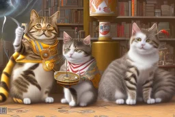 Group of three mature cats musicians, one cat playing guitar, one cat playing drums, one cat holding microphone and singing, street, Vienna, smiling, sunny day, model style, hyper realistic, extremely accurate, delicate, extremely detailed, Graphic novel style, wide-angle, open aperture, superfine pencil