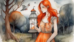 Watercolor painting of a white woman with long red hair, wearing a long orange dress, holding a lantern, in a field with a bird, a tree and a building in the background, monochrome scheme, soft and diffuse lighting, rough textures.