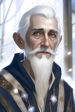A fair-skinned elf. He has very pointed ears. He is tall, thin, silver hair, and blue eyes. He has a thick silver beard. He has the appearance of a man of about sixty years. He wears a long tunic of blue color magician. He looks distracted and friendly. Ice particles float around him. In the image you must see at least half a bust. It MUST be comic-book style.