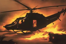 helicopter burning in the jungle the Panter is watching on fire by Caravaggio