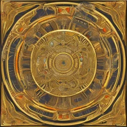 A 4K painting of A long ornate gold mirror. The mirror is fractured and broken into 100 symmetrical pieces