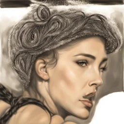 dibujo en grafito realista de rostro mujer 35 años pelo negro cola de caballo ojos abiertos picado rasgos definidos boca levemente abierta labios definidos iluminacion desde arriba de tres cuartos perfil