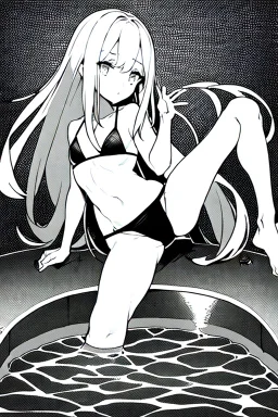 bikini long hair thin girl with leg in abyss pool, greyscale, cool pose, screen tones