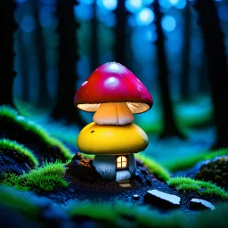 "Close up of a wonderful tiny Mushroom Tower home. Red and yellow with bright white, deep black and contrasting tones of gray magenta and violet colors. Illuminated bioluminescent forest. Professional painter, master at composition. small but detailed. broken, blurred background, voluminous lighting"