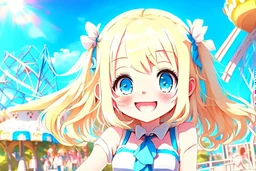 contented cute blonde blue eyed chibi girl in the amusement park in sunshine