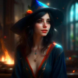 pretty girl, black hair, conventionally attractive, bright clothes, realism, dreamy, tight top, sorcerer, magic