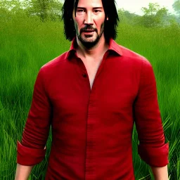 Keanu reeves serious, in green field, red shirt, realistic eyes, realistic skin texture, unreal engine, 85mm photography