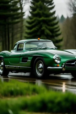 a lone killer in a green jacket rides a green Mercedes 300sls