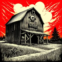 gnarly color cosmic horror illustration from golden age of Weird Tales, by Bill Elder, faded colors, dark negative space, TEXT "COLOUR OUT OF SPACE" in vintage block font, surreal, nihilistic, segmented separated lovecraftian glowing eye tentacle corruption on small barn, meandering offset coherence across multiple diagonal offset separated panels, minimalism, foreboding photo negative prismatic spray, Eldritch atmosphere
