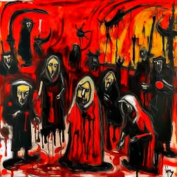 Midnight Salem witch trials, dramatic, horror, by Jonathan Meese, 2D loose stroke oil painting, scary crimson hues, expressionism