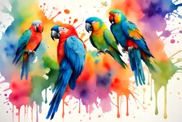 background old paper, flock of parrots, watercolor, fine rendering, high detail, 8K, drips, splashes, bright colors