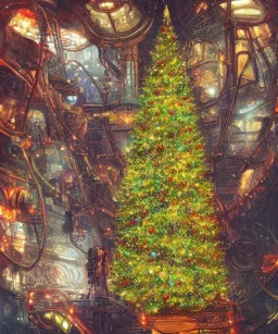 Painting of Christmas tree inside futuristic steampunk space ship