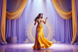 modern stage with gray-dark yellow blueish violet theme artistic decoration , color full dynamic lighting, a beautiful lady in maxi dress with shining silver jewels ,curvy long hair,dancing, 3D recursive fractal structure animating background