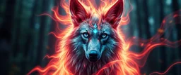 background as motion blurred forest, blink wolf close up portrait of a plasma racoon fox horse king lama shape shifter flickers like hypnotic fire in geometric shapes like a dna swirl of time and a fearsome planeswalker covered in powerful runes