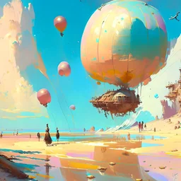 balloon painting is floating over a beach, in the style of raphael lacoste, rough clusters, ian mcque, rococo pastel, 32k uhd, detailed illustrations, grzegorz domaradzki