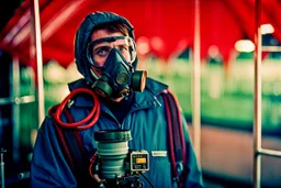 close up documentary photography, Calgary, Respirator, scientist, young man, Dystopian, draught, Hyper detailed, realistic, Extreme depth of field, bokeh blur, Alberta, all-natural, in the style of candid, Captured on lustrous Kodak Vision3 Color Negative Film 500T 5219, 2030