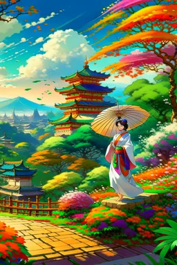 serene and captivating scene of a graceful Japanese woman dressed in an exquisitely designed white kimono adorned with colorful flower patterns. She gently carries a traditional Japanese umbrella as she walks towards a majestic temple. The background showcases a breathtaking panorama of the viewer's landscape, with the temple appearing in the distance. Surrounding the temple, lush green plants and blooming flowers add a touch of vibrant color amidst the pastel yellow and orange hues of the sunri