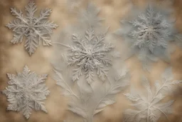 snowflakes, flowers, blur 5%, double exposure, merged layers, silver glitters, in the first part (near to us) of the picture you can see a plain sandblown smoked glass, engraved with a folk art pattern, the glass is cracked in several places, in some places the glass is broken, crumpled burlap, through it you can see a tropical rainforest with a waterfall, mist, tooth, sunrise