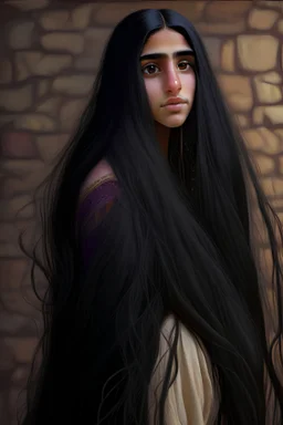 A twenty-year-old Arab girl with very long black hair, like Rapunzel