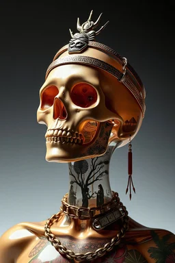 Unique glass metal ripped surrealistic artwork with shiny punk girl skull screening shackled by pyramids and geisha, while holding a face doing face pulling, the open cavity inside the body is a scene of an ancient Egyptian painting in the Gesang desert 5D diorama, with seven open panels on the body revealing a forest with a thousand shadows, giving a triple exposure effect on a Balinese girl and her neck cavity, with a background in the passage of time