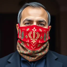 men ,modernism ,Full face mask. Made of carpet. With symbols of Iranian carpets and Iranian culture. Modeling photo using red colors.