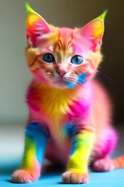 a rainbow coloured kitten with pink skin. whole body.