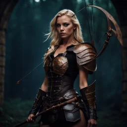 portrait of a 20 year old blonde female warrior wearing leather half armour and carrying a bow, dark fantasy