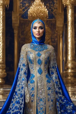 Gorgeous photography full body excellent pose Beautiful super model Iranian islamic hijab dressing Luxury colors crystal diamonds sapphire,colorful art conceptual, amazing artwork,close-up portrait,luxury Royal Palace background