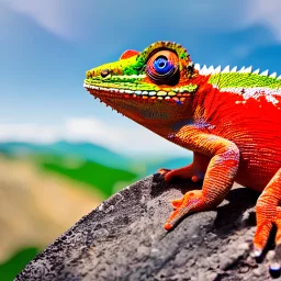 A cute colorful chameleon on a mountain top, alps, sun, green grass, blue sky, painting