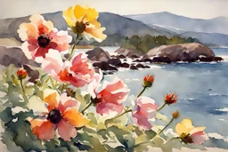 Sunny day, spring, flowers, rocks, mountains, epic, winslow homer watercolor paintings