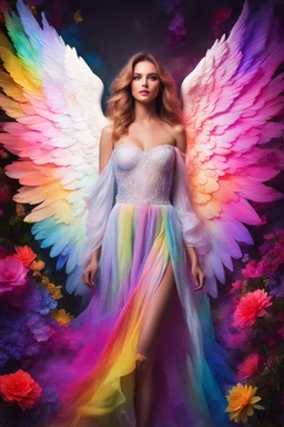 Gorgeous Realistic Photography Super Model European Beautiful Woman as Angel with clothing abstracts flowers luxury casual party dressing painting art neons rainbow colors glowing in the dark and colorful details, light leaks boleh colors,flowers background