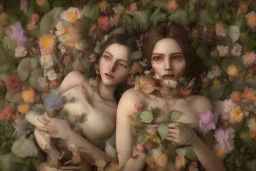 portrait of a couple, girl 1 dressed as life (flowers, butterflies, leaves), girl 2 dressed as death (skeletons, wilted flowers, upside down bird), resting heads against each other, beautiful, ethereal, 8k resolution, dynamic lighting