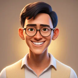 a portrait of smiling man. caricature. short black hair. light brown skin. black eye pupils. circle eyeglasses with thin gold frame. reverse oval face shape. white shirt with black vest. pixar style. 3D. 4k. portrait. highly detailed. sharp focus. high resolution. full color. cinema lighting