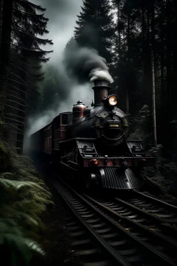 A steam train travelling through a spooky forest