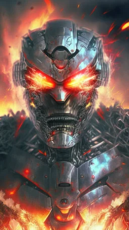 chrome cyborg , glowing red eyes, explosion in the background