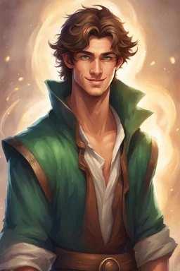 handsome twenty nine-year-old sorcerer, with tanned skin, brown hair and green eyes, with a kind smile