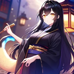 cat girl, masterpiece, best quality, volumetric lighting, detailed outfit, perfect eyes, black hair, golden eyes, long hair, tail, kimono,