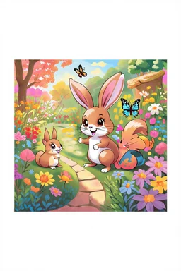 A beautiful butterfly, cute bunny and friendly squirrel looking excited in a colorful garden, child book illustration style