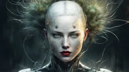 old worn paper, Ethereal bald white woman with thorns, thistles and plant roots on her head, cyberpunk biomechanics digital painting depicting a glowing woman with robotic features, combining human and artificial elements in a gripping sci-fi scene with intricate details and a cinematic atmosphere. Red lips, gold fragments, silver particles, wind, swirls, glare, glow from within, 8K, fine rendering, high detail, hyperrealism, high resolution, multi-layered, hyperdetail, hyperfocus,