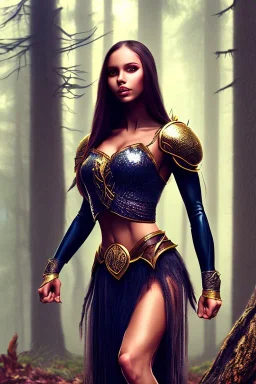 beautiful girl, bodybuild, kräftig, black long hair, krone, smile, warrior princess, im wald, night, sehr große oberweite, corsage, lagerfeuer, fantasy art